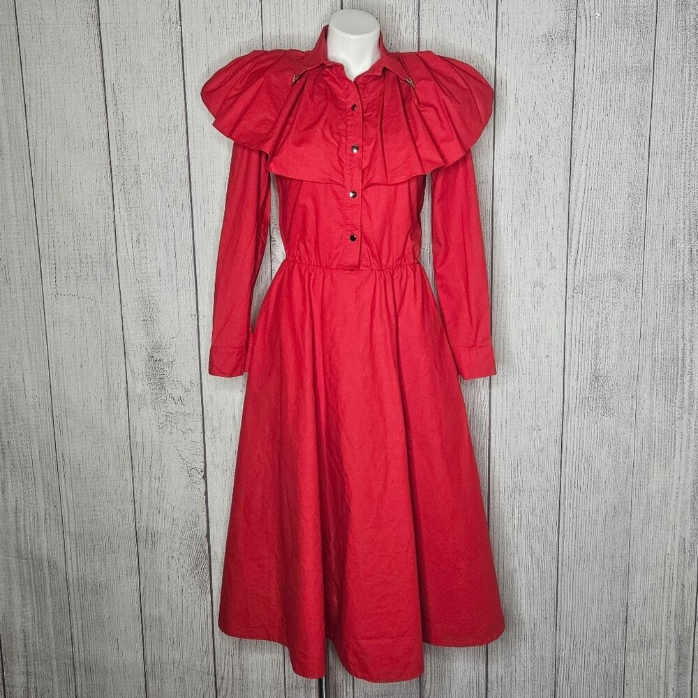Vintage Lilia Smitty Red Western Shirt Dress Ruffle Yoke Collar, sz Small